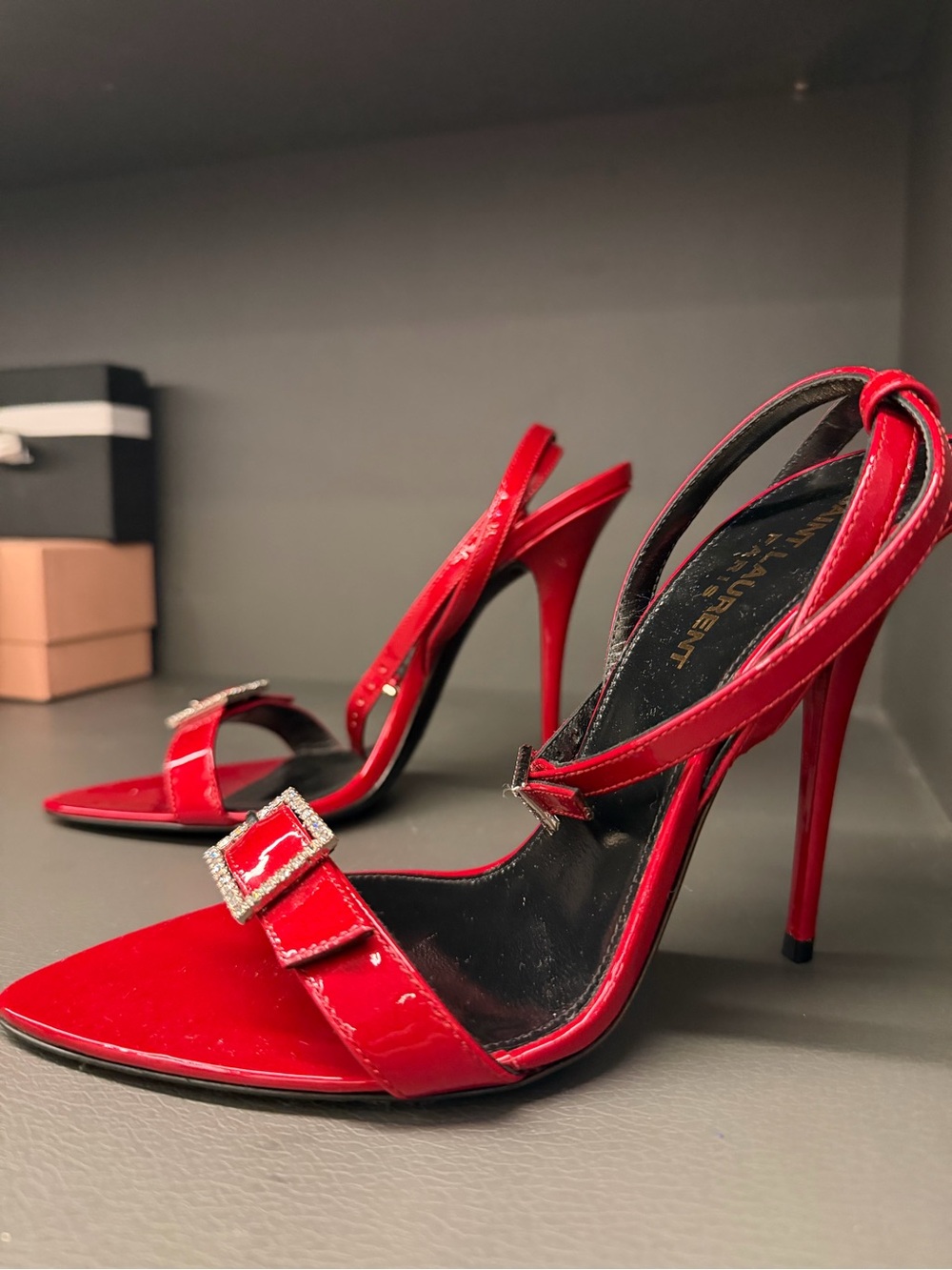 Saint Laurent Red Patent High Heel Sandals with Rhinestone Buckle